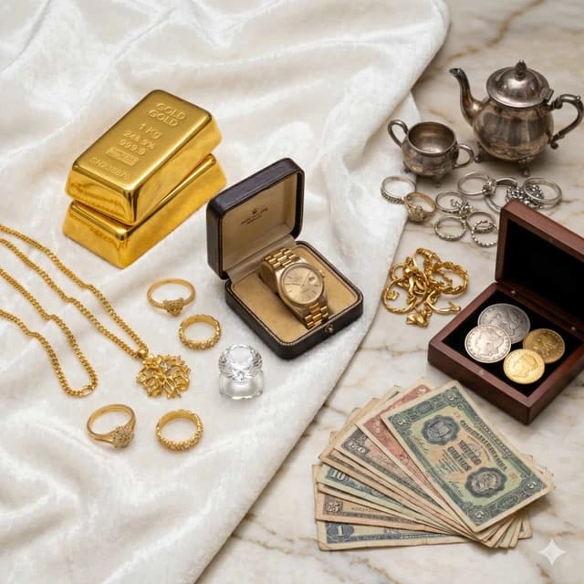 Gold coins and bars